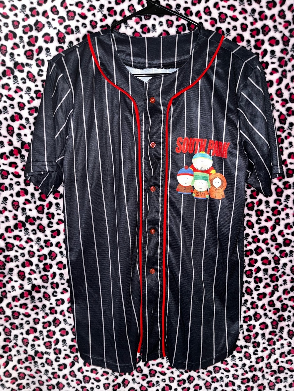 South Park Black Pinstripe Baseball Jersey with Red Trim
